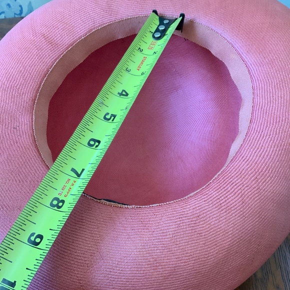 VINTAGE AUTHENTIC CHANEL PINK SALMON BRIMMED BLACK RIBBON BOW HAT - Picture 9 of 11